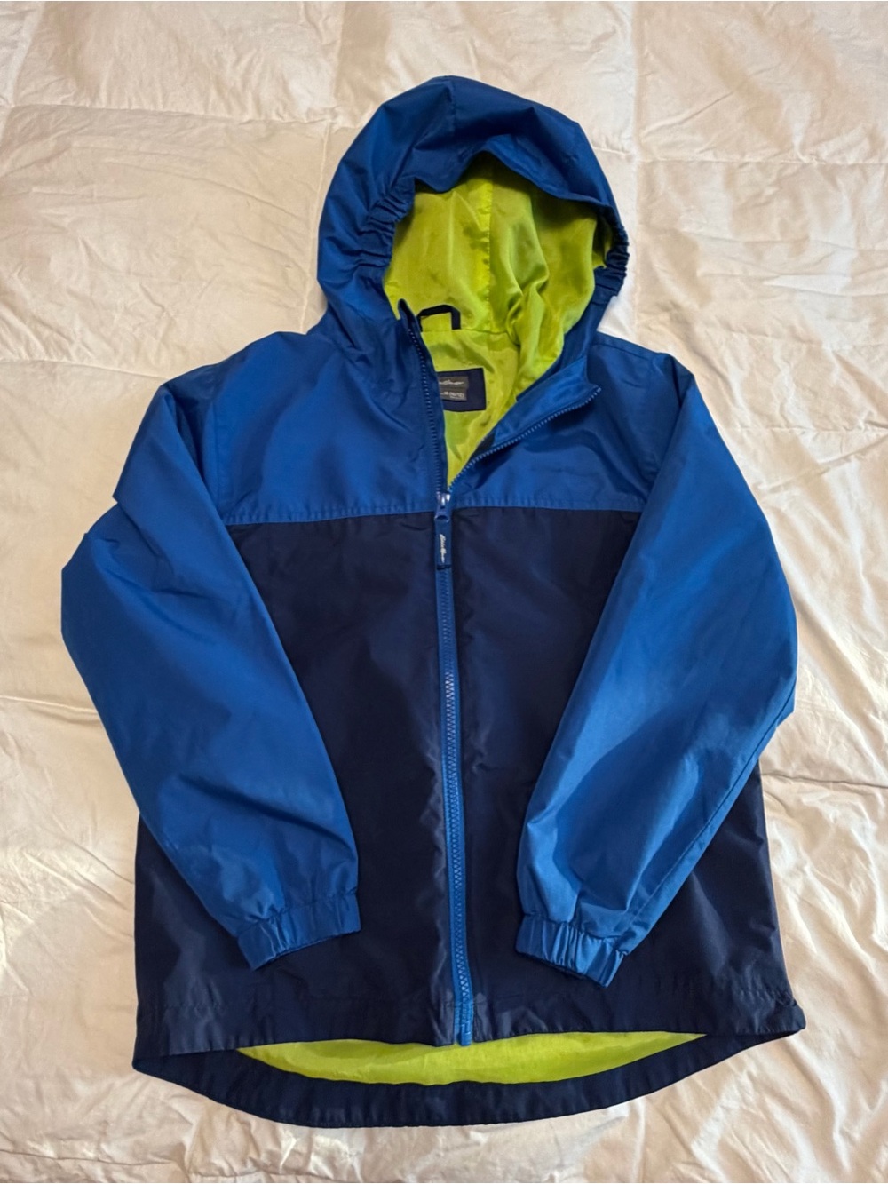 Eddie Bauer Boys' Blue & Navy Hooded Rain Jacket with Lime Lining
